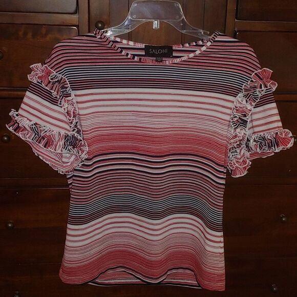 SALONI Dawn Red White Blue Ruffled sleeve shirt. Size XS . Striped, Patriotic - Picture 1 of 6